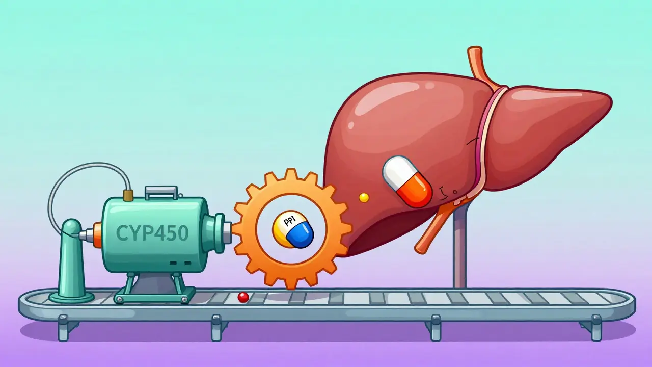 Conceptual illustration of PPI and antifungal drugs competing for enzymes in the liver