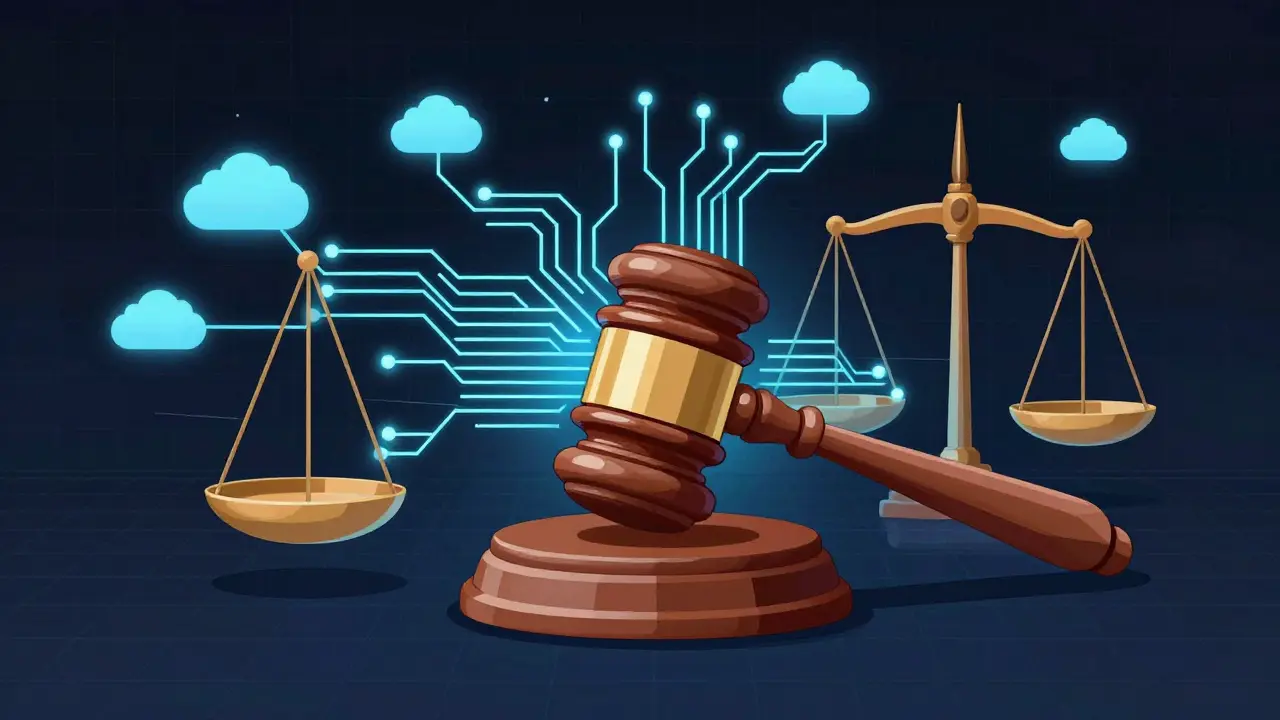 Golden scales of justice transforming into digital network nodes conceptually