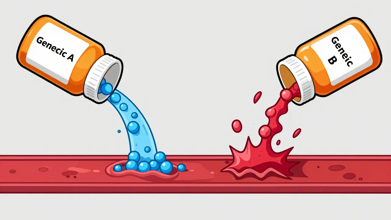 Illustration comparing different drug absorption rates between two generic medication bottles.