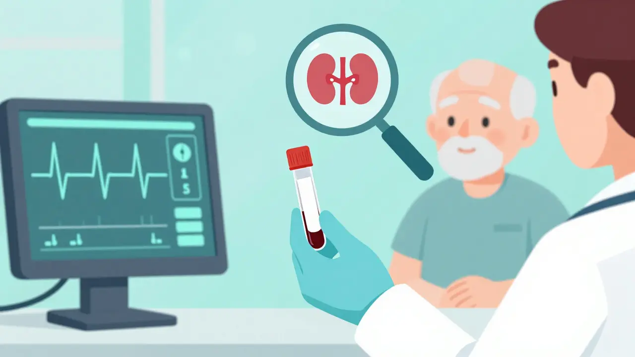 Medical professional monitoring blood levels and kidney function for an elderly patient.