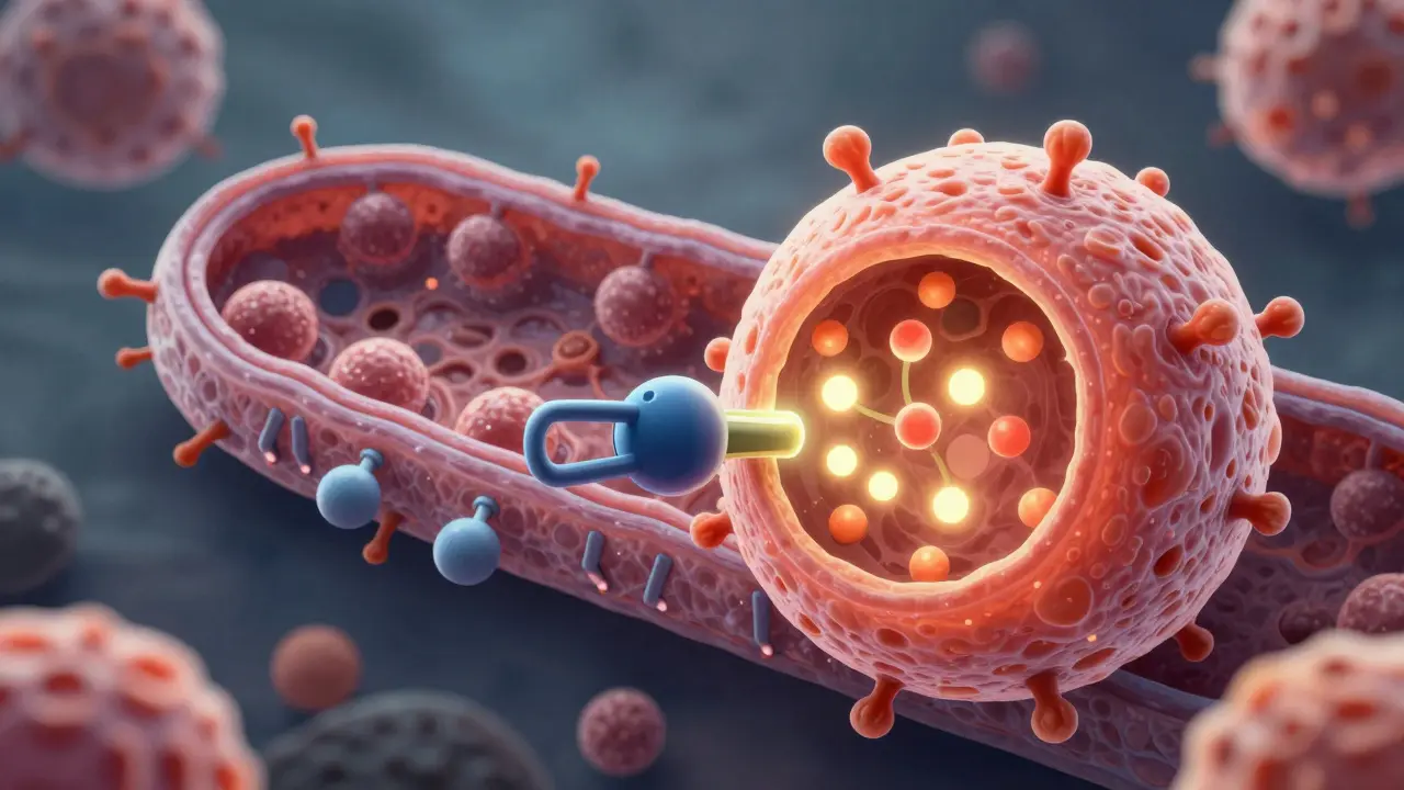 Microscopic view of a PPI blocking a fungal pump to trap antifungal medication inside a cell