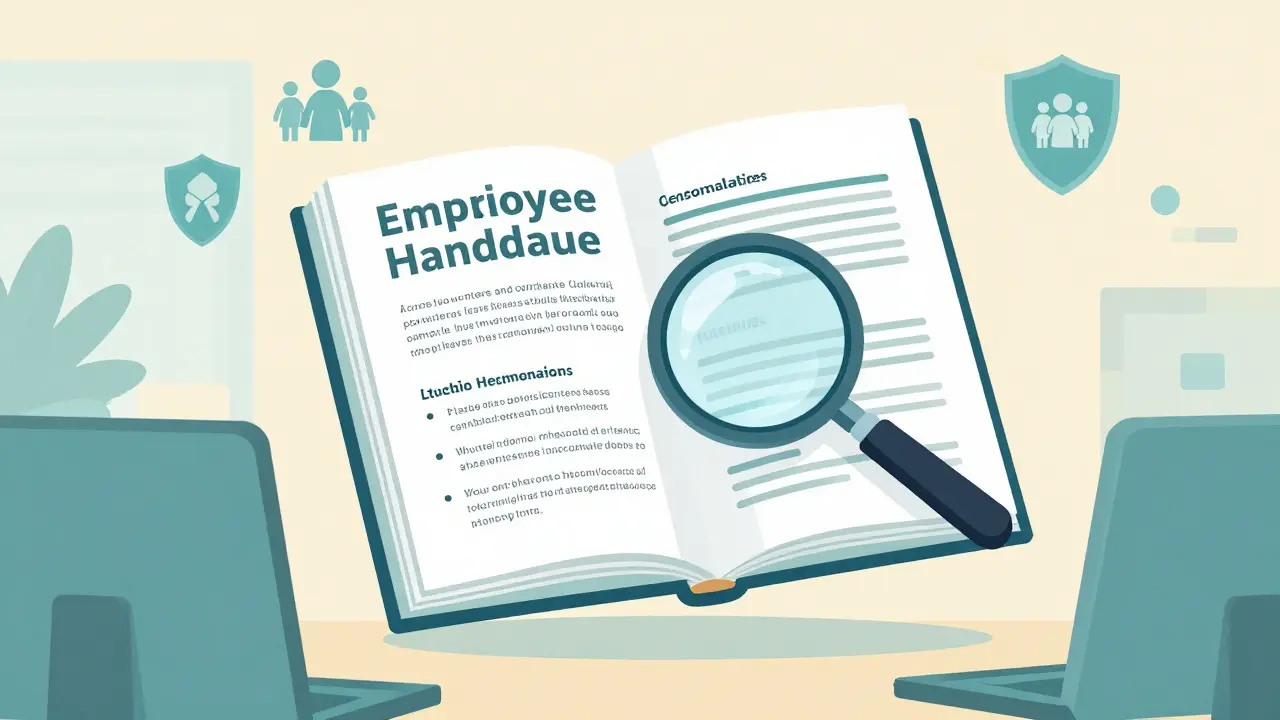 Open employee handbook with magnifying glass illustrating new labor laws