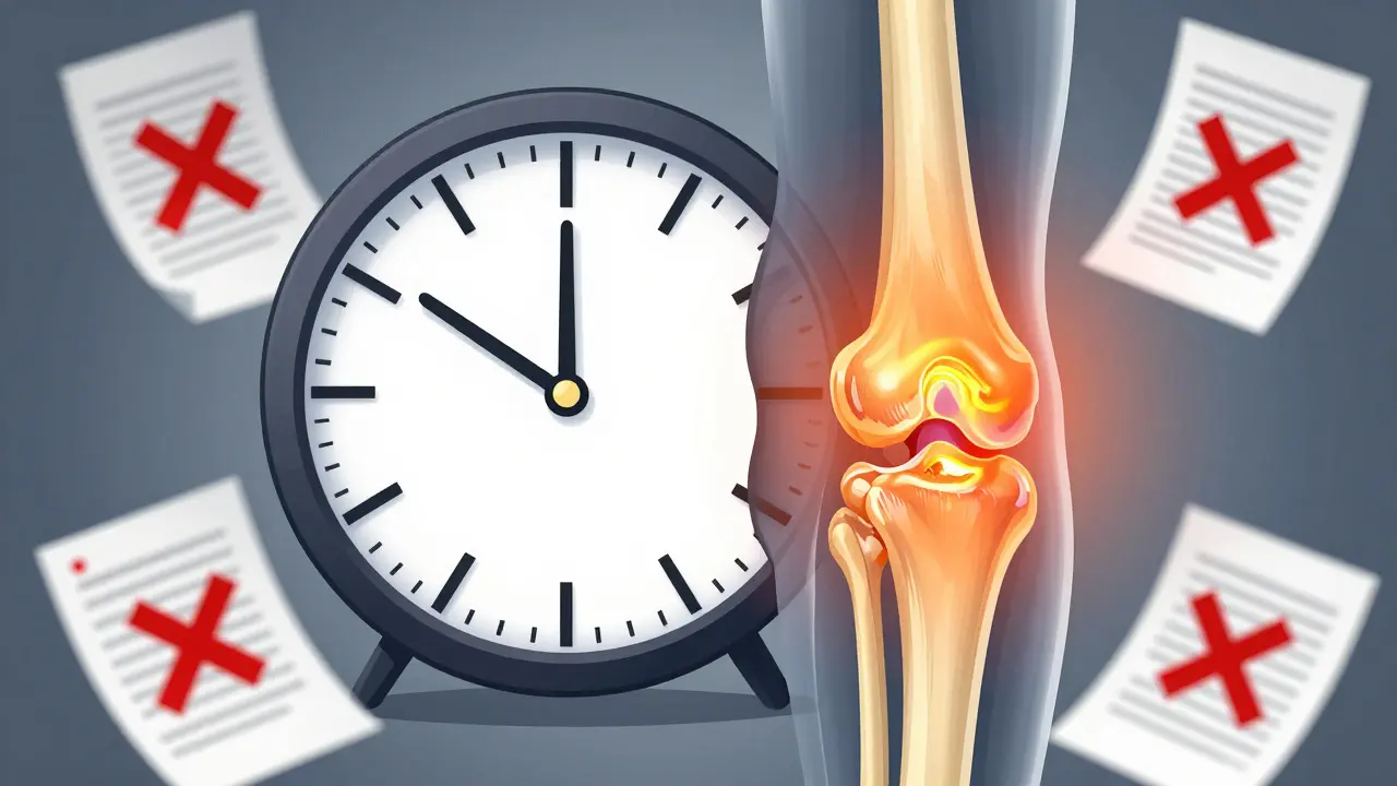 Split-screen showing a ticking clock and a medical joint diagram with inflammation markers.