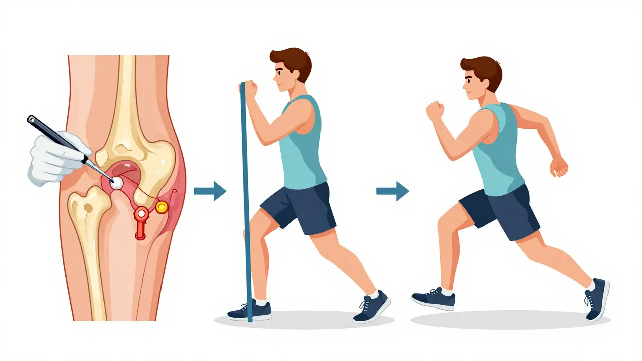 Technical illustration depicting the journey from hip arthroscopy surgery to athletic recovery