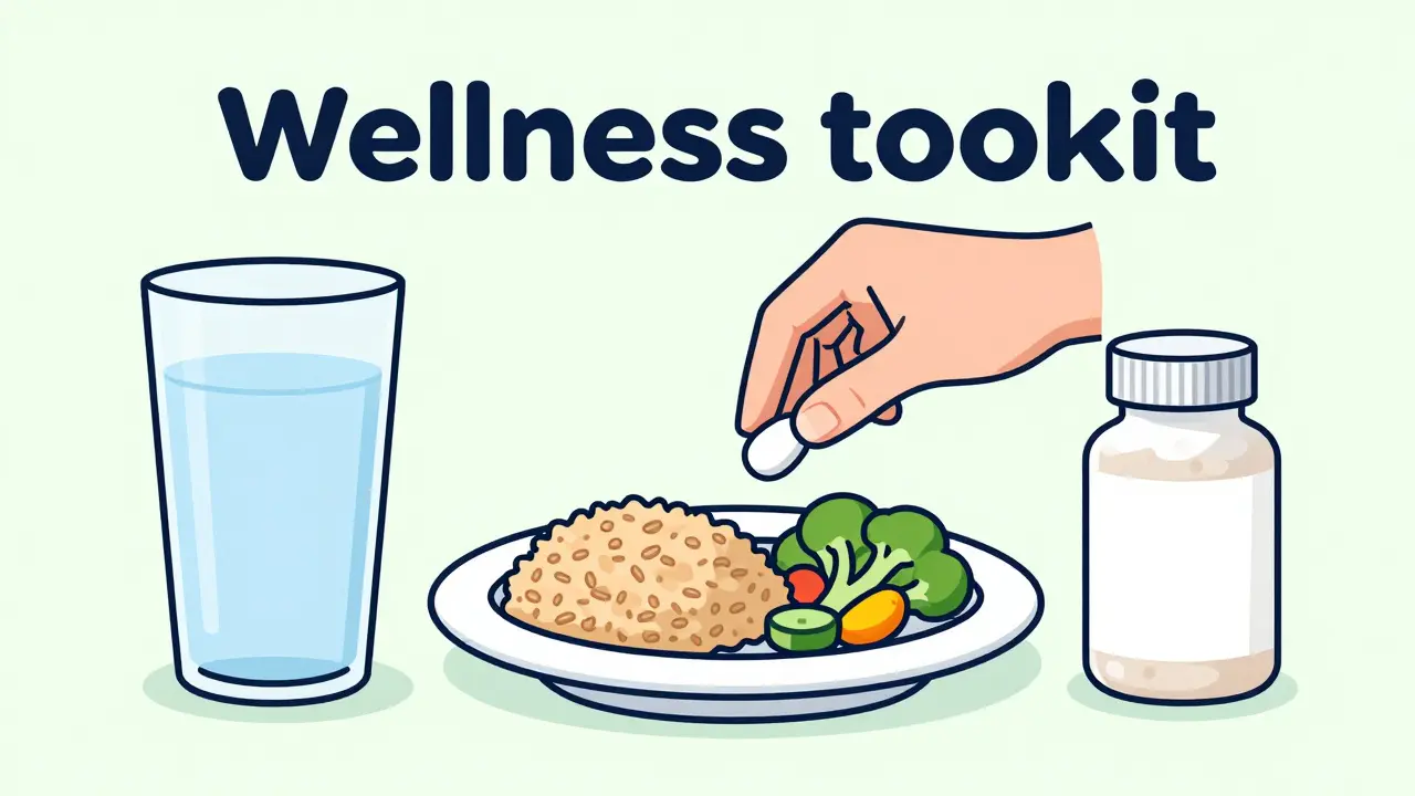 Technical illustration of a balanced meal, water, and probiotics for managing medication side effects.