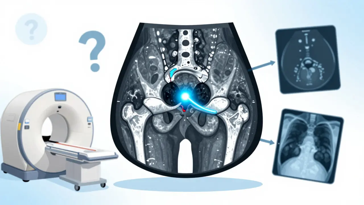 Technical illustration showing a hip MRA scan with glowing contrast dye revealing a tear