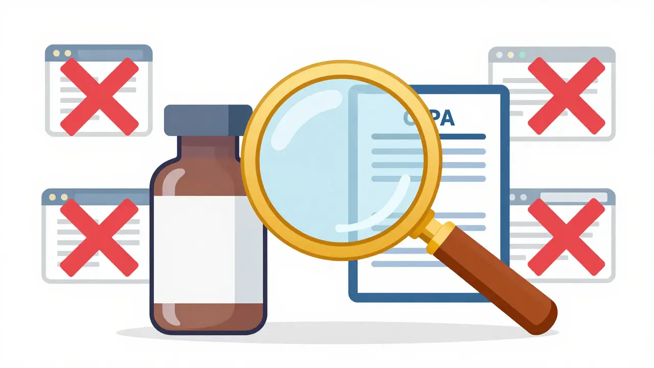 Technical illustration showing a magnifying glass verifying a pharmacy certificate for safety