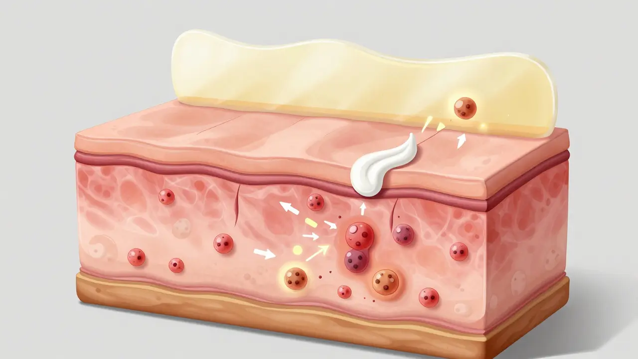 Cross-section illustration of Imiquimod cream application on skin with immune response.