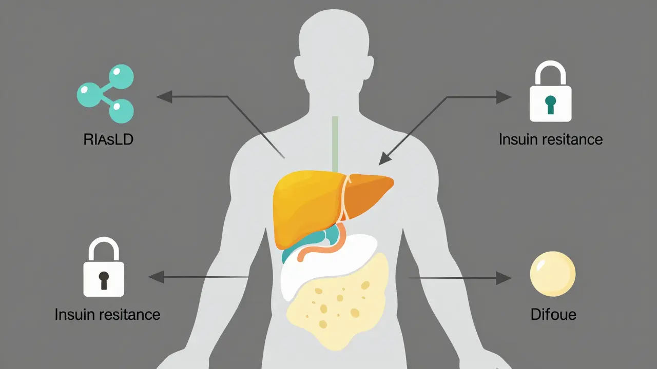 Diagram showing metabolic links between liver, pancreas, and insulin resistance