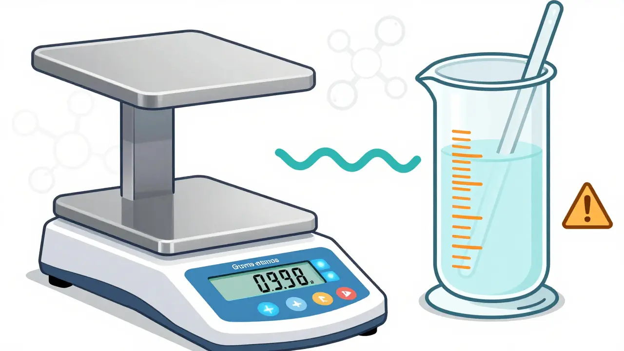 Diagram showing precise weighing vs inaccurate volume measuring