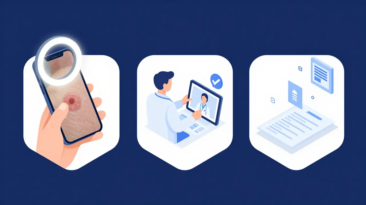 Diagram showing the three steps of getting an online prescription via telemedicine.