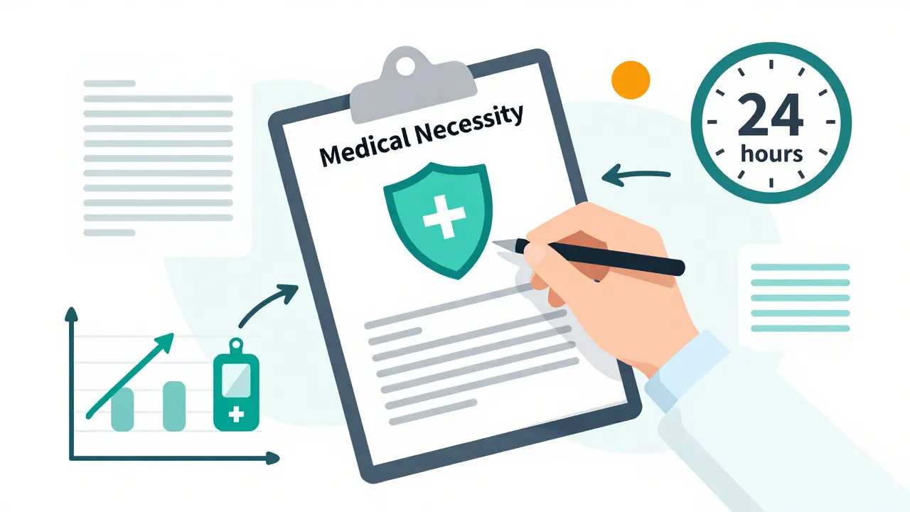 Doctor filling out medical necessity forms for insurance exception