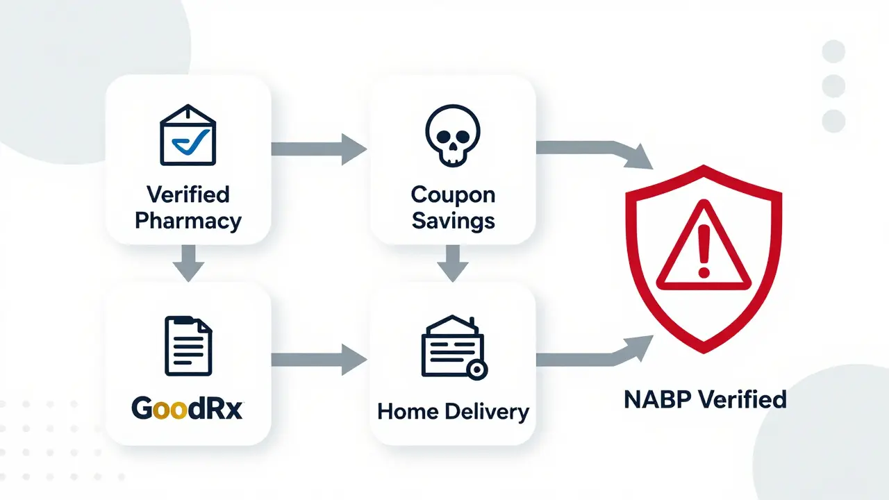 Flowchart comparing safe verified pharmacies vs unsafe scam sites