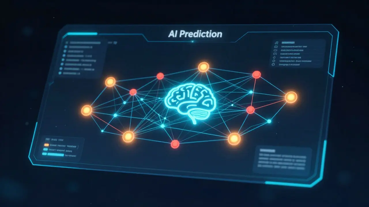 Futuristic dashboard showing AI-driven drug interaction prediction and network analysis.