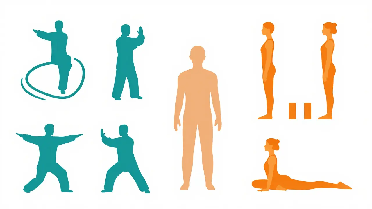 Illustration contrasting flowing Tai Chi movements with static Yoga poses