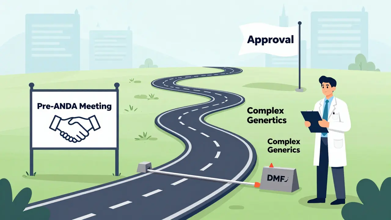 Illustration of a scientist navigating regulatory hurdles like pre-ANDA meetings to achieve generic drug approval success.