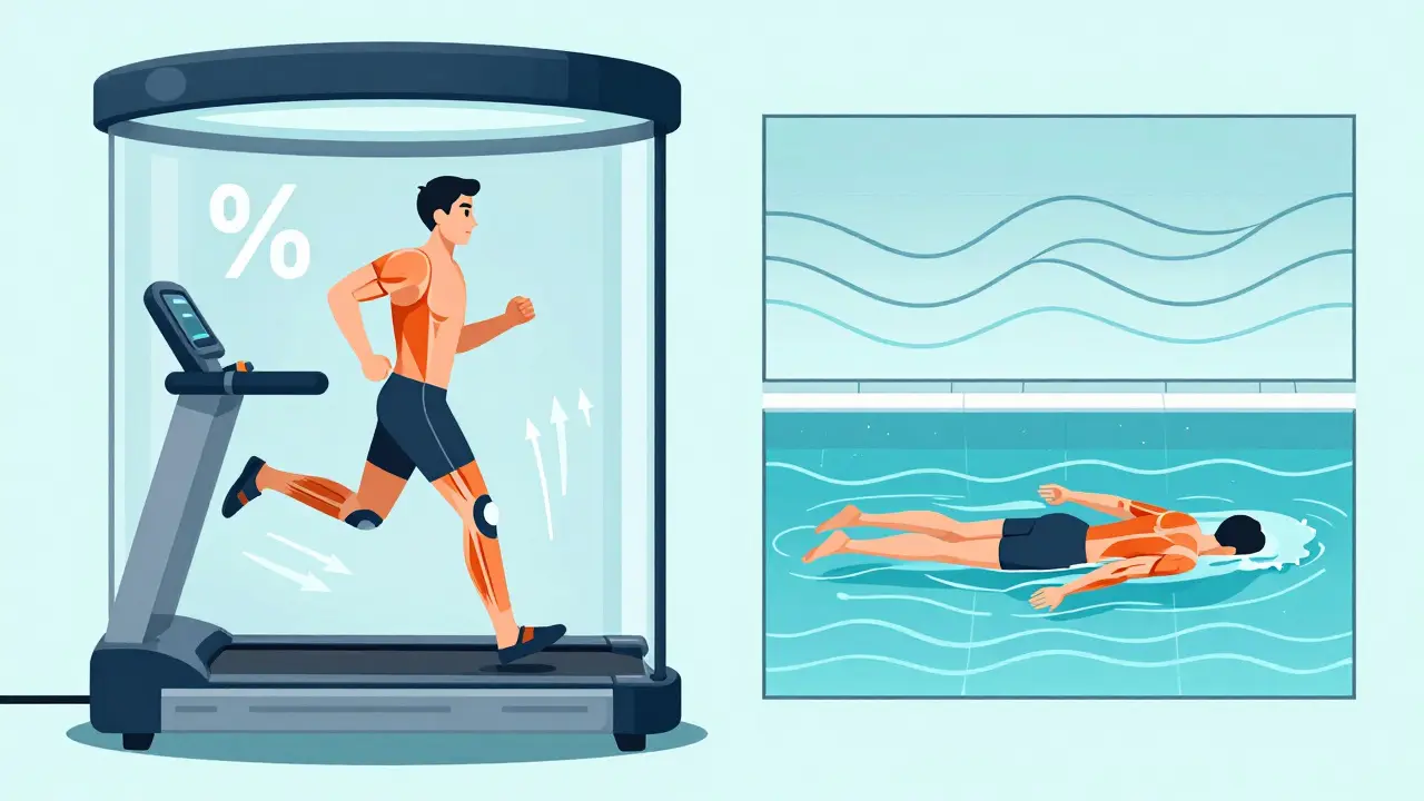 Illustration of low-impact rehab using an anti-gravity treadmill and pool running.