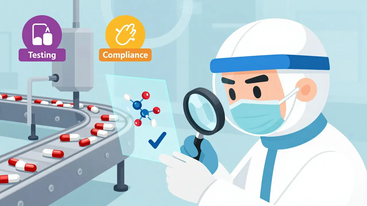 Illustration of quality control checks on generic pills in a modern factory