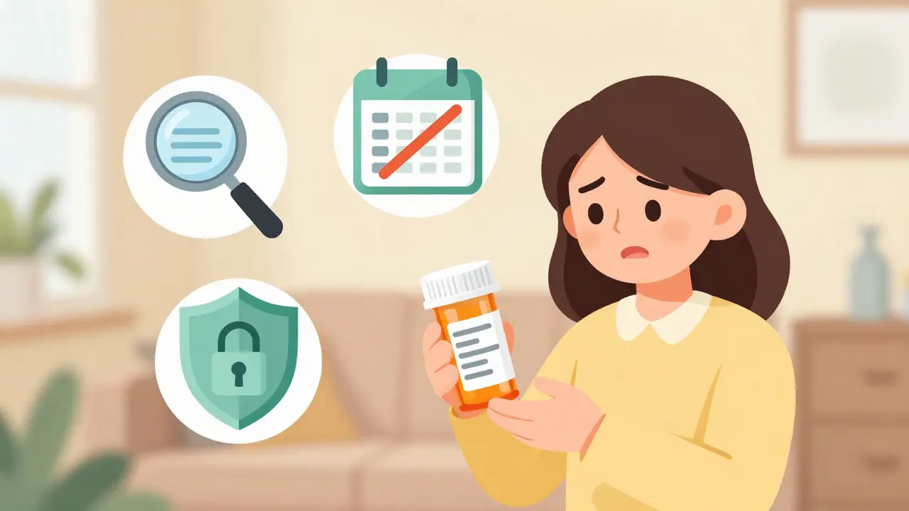 Parent checking medicine label for safety and expiration details