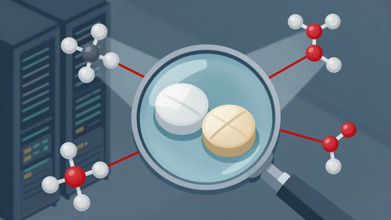 Schematic view comparing generic and brand drugs with molecular interaction warnings.