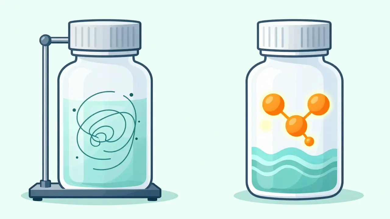 Technical cartoon showing bioequivalence testing differences between generic and brand-name drugs using dissolution apparatus metaphors.