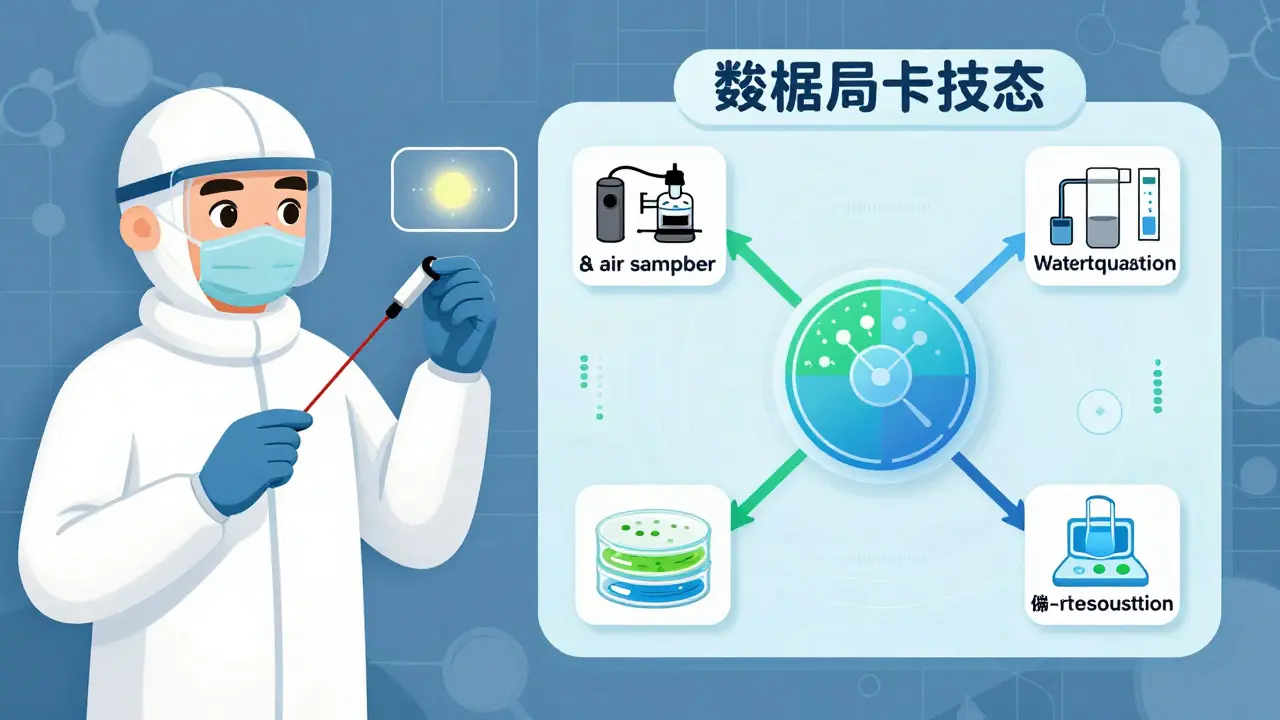 Technician using swabs and ATP tester with data integration graphic