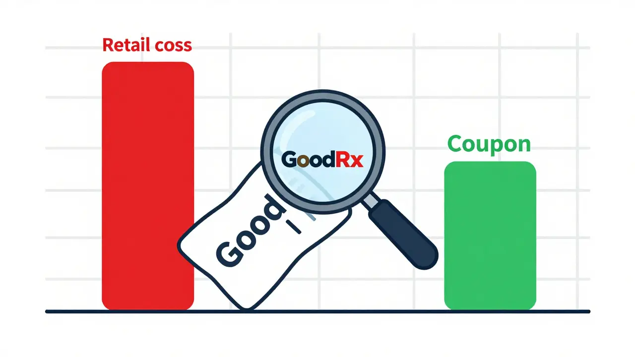 Bar chart comparing high retail drug costs vs low coupon prices