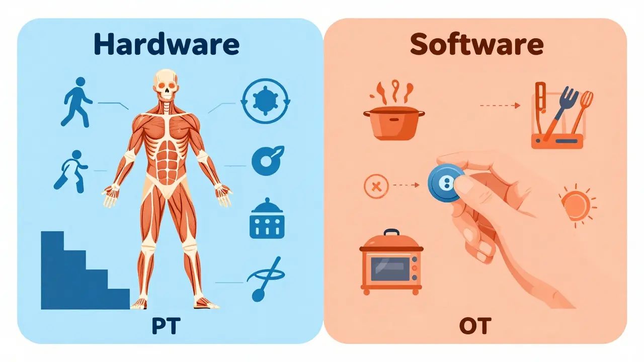 Cartoon diagram comparing physical therapy hardware focus and occupational therapy software focus