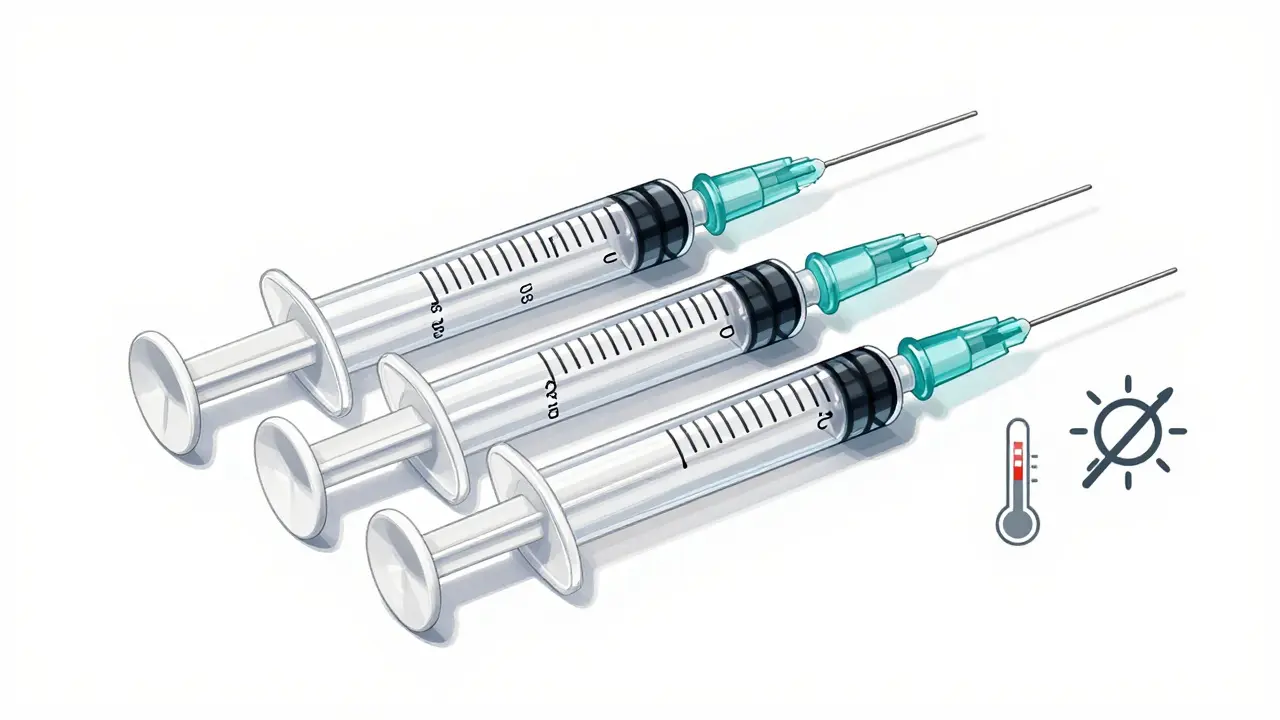 Cross-section of Enoxaparin syringes with storage temperature indicators