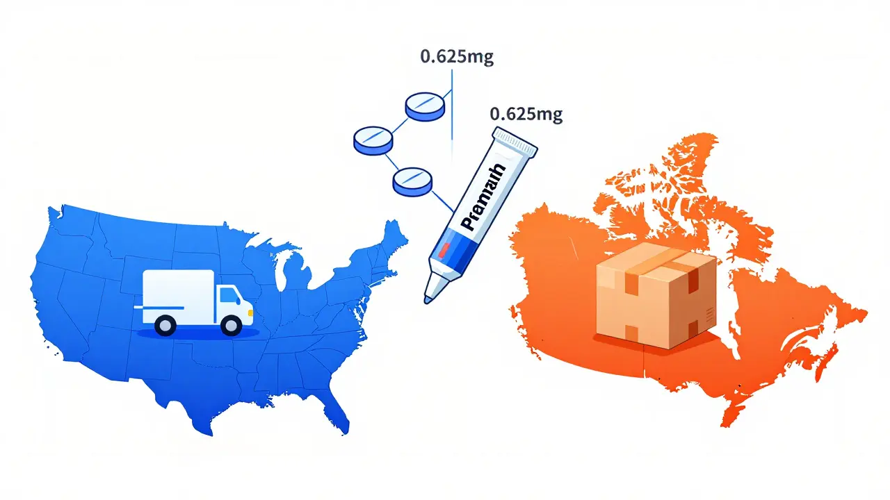 Diagram comparing US and Canadian online pharmacy options