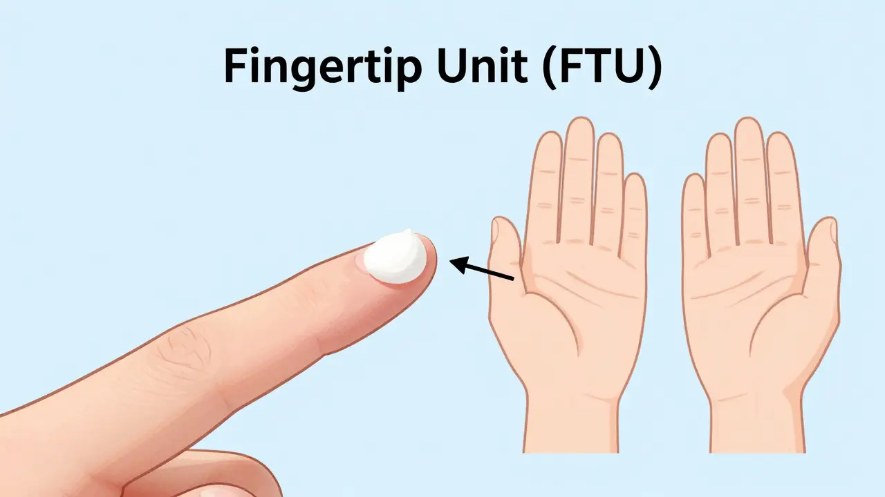 Diagram showing fingertip unit measurement for cream application.