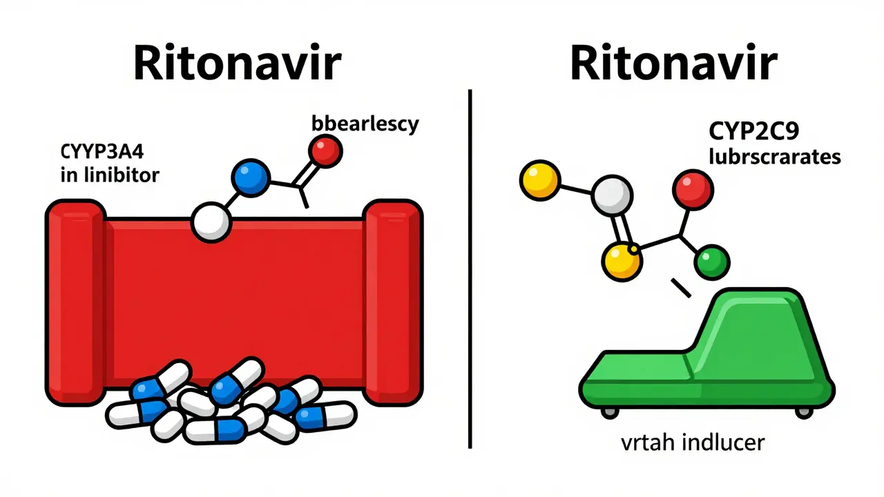 Diagram showing Ritonavir inhibiting some drugs while inducing others.