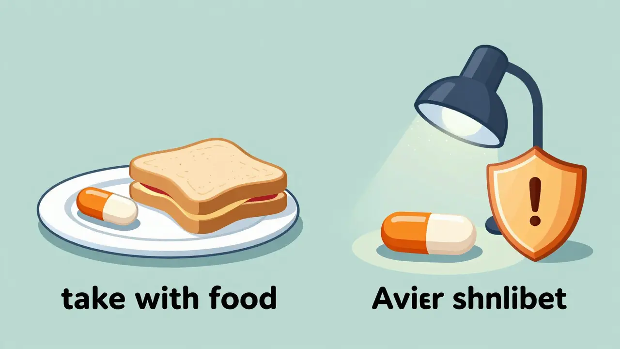 Illustration comparing taking pills with food versus avoiding sunlight using simple icons.