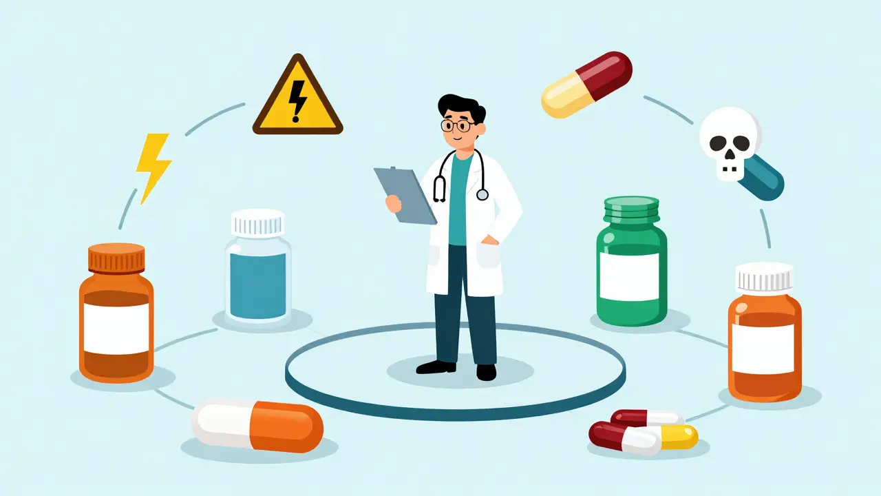 Illustration of a clinician reviewing complex drug interactions and risks.