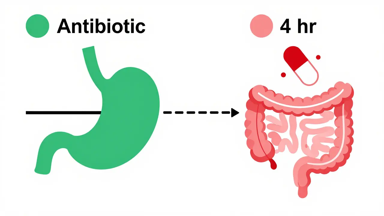Illustration of proper timing gap between antibiotic and antacid doses