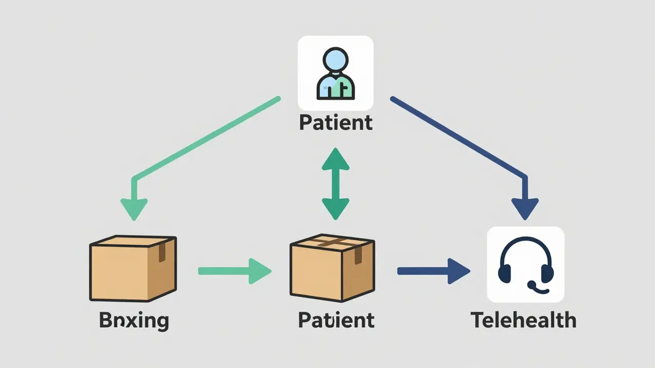 Illustration showing three paths: coupons, online pharmacy, and telehealth