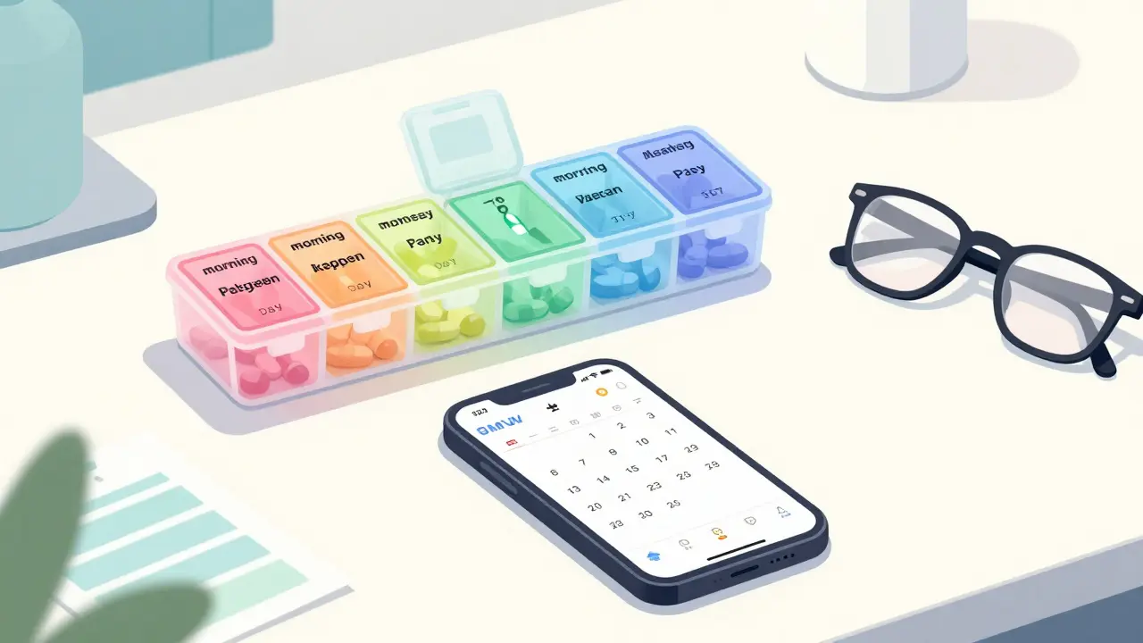 Pill organizer, smartphone, and reading glasses on a desk representing medication safety tools.