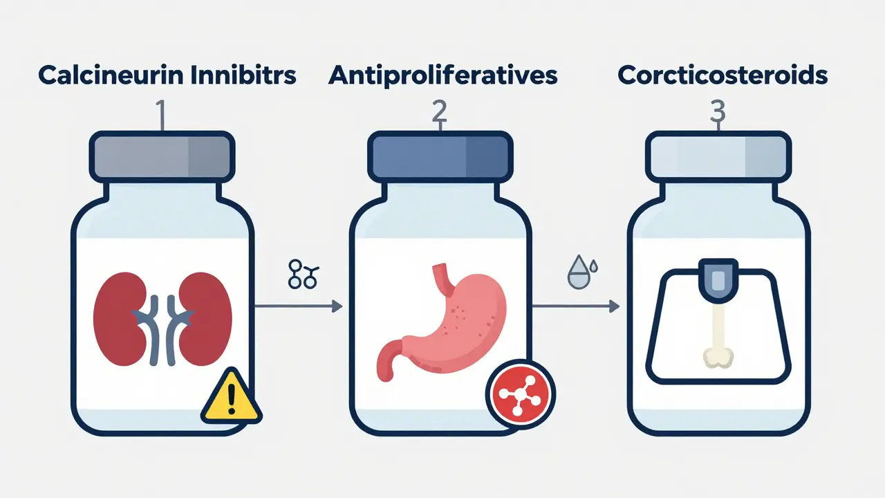 Schematic cartoon of three medication bottles linked to icons showing kidney, stomach, and bone side effects.
