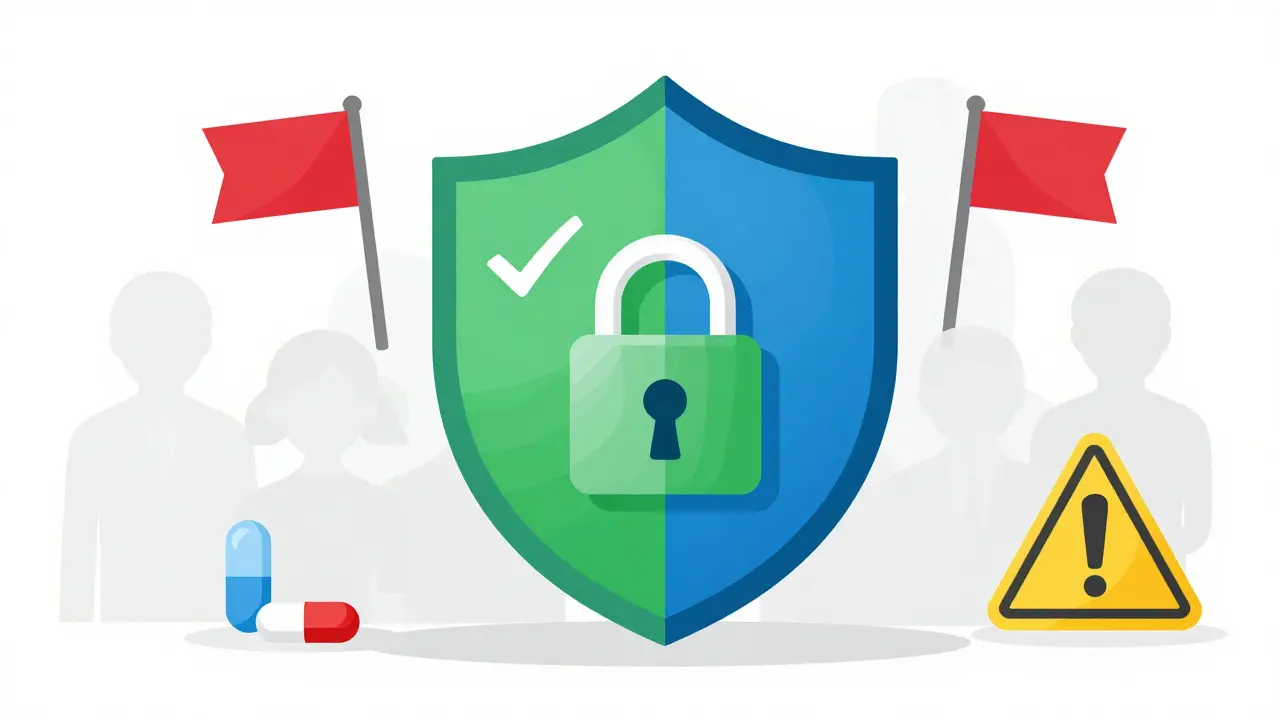 Security shield icon verifying safe online medication purchase