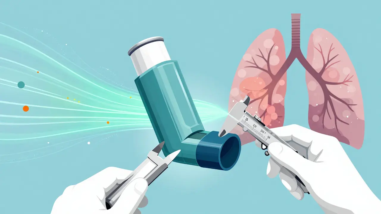 Technical drawing of inhaler analysis with airflow data visualization