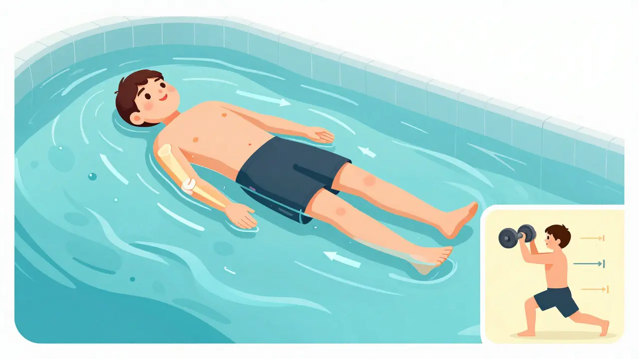 Technical illustration showing hydrotherapy buoyancy reducing joint stress versus land exercise