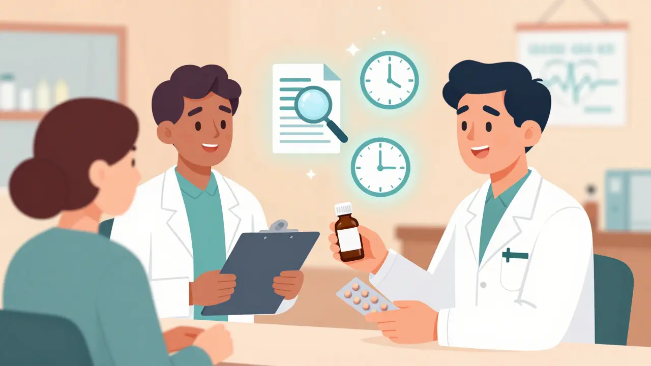 Cartoon pharmacist advising patient on safe CBD medication use