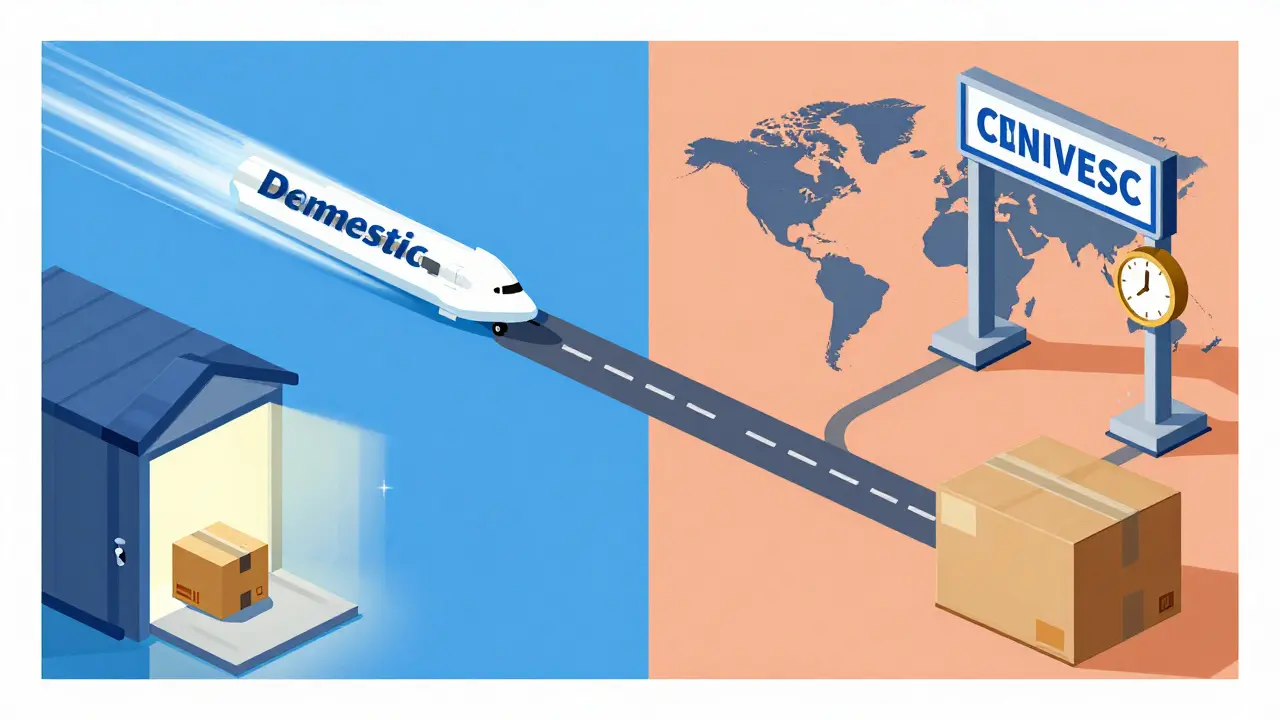 Diagram comparing fast domestic vs slow international drug shipping