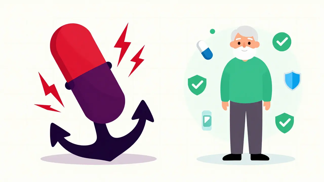 Diagram comparing high-risk vs low-risk diabetes meds for elders