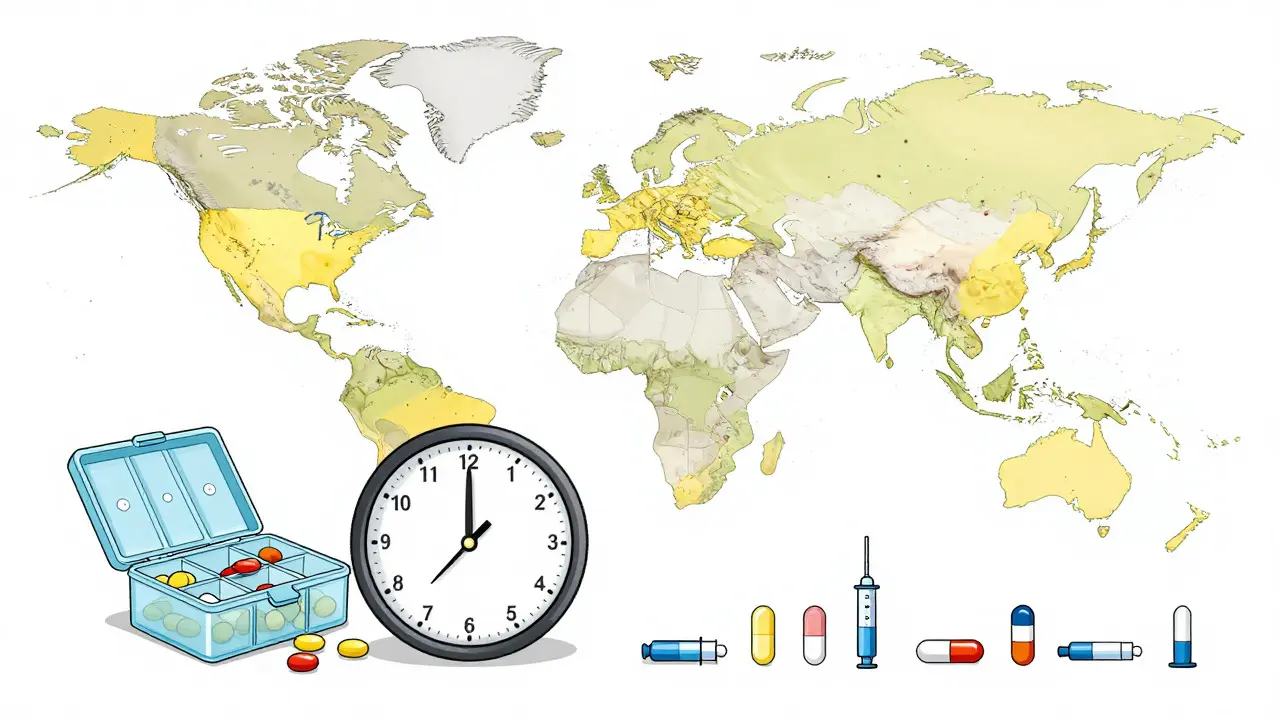 Diagram showing pill organizer and clock for adjusting meds across time zones