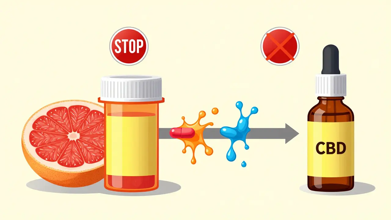 Illustration comparing grapefruit and CBD blocking drug metabolism