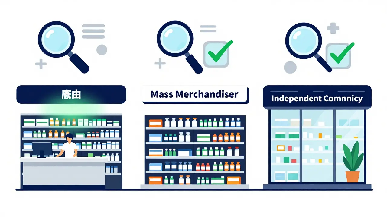 Illustration comparing pricing across supermarket, chain, and independent pharmacies