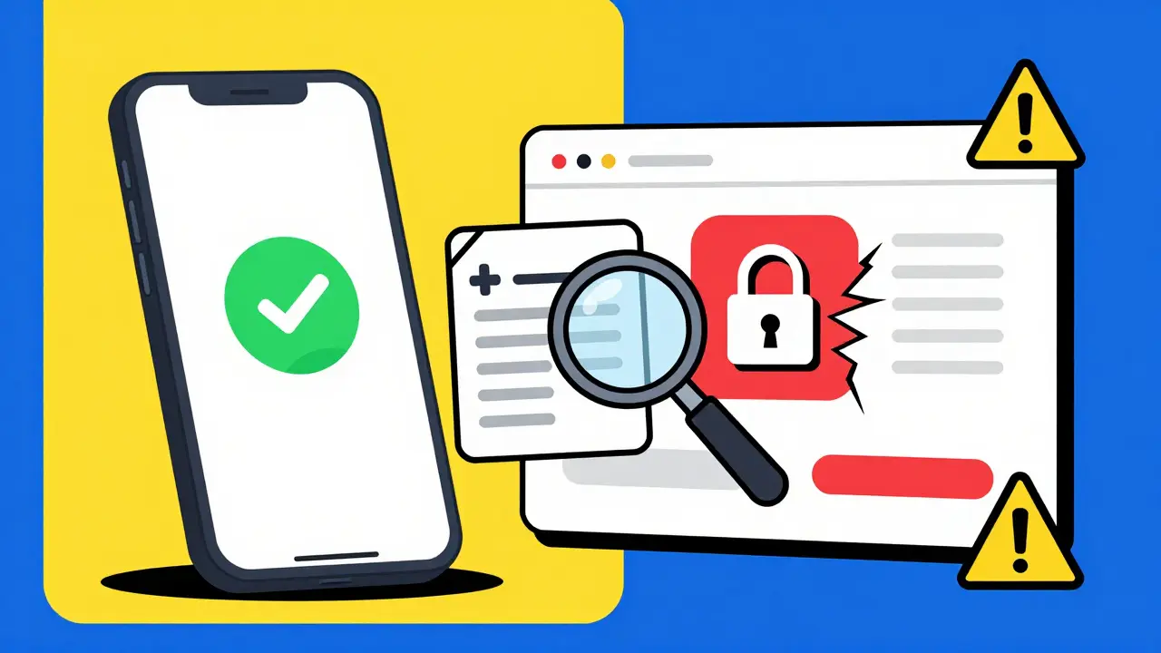 Illustration comparing safe verified online pharmacy vs scam website icons