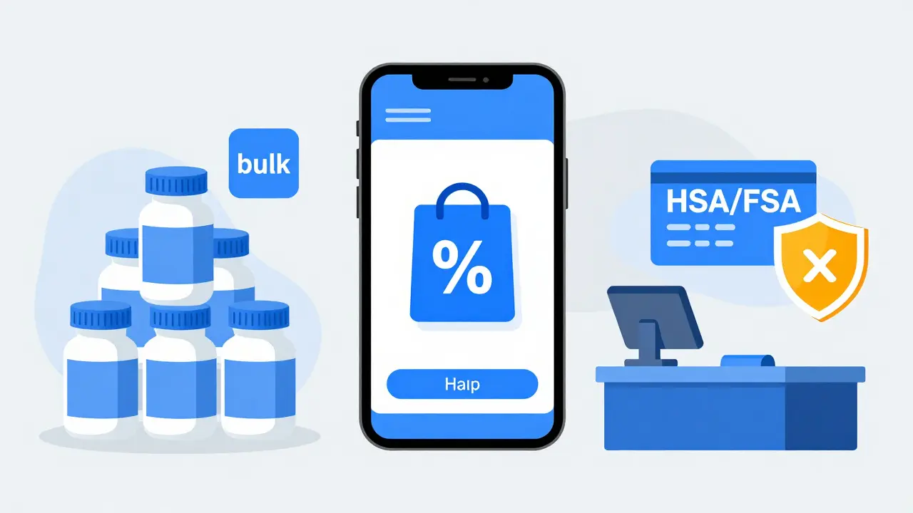 Illustration of bulk buying, coupons, and HSA savings