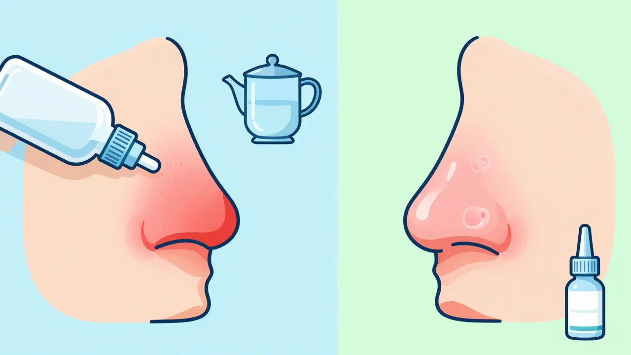 Illustration of one-nostril weaning method with saline rinse